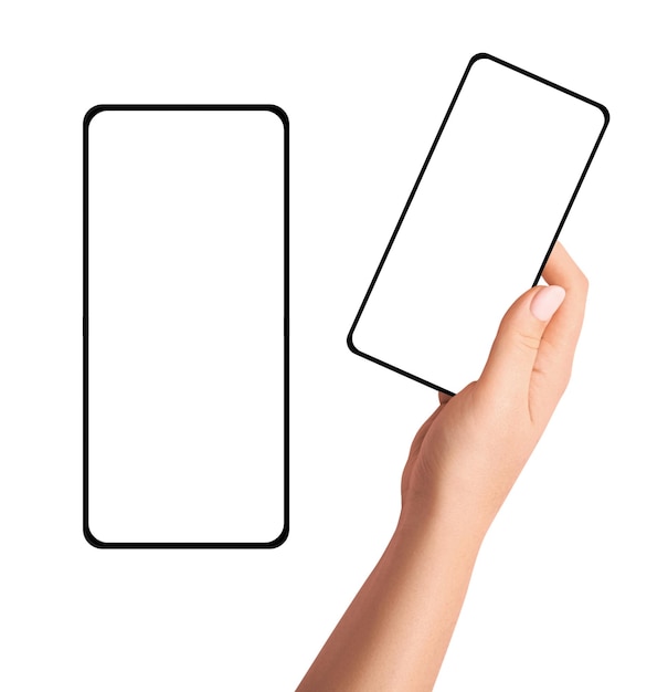 La mano de la mujer sosteniendo el teléfono en un fondo vacío