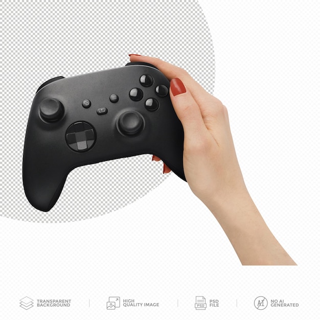 La mano de la mujer sostiene un gamepad en un fondo transparente