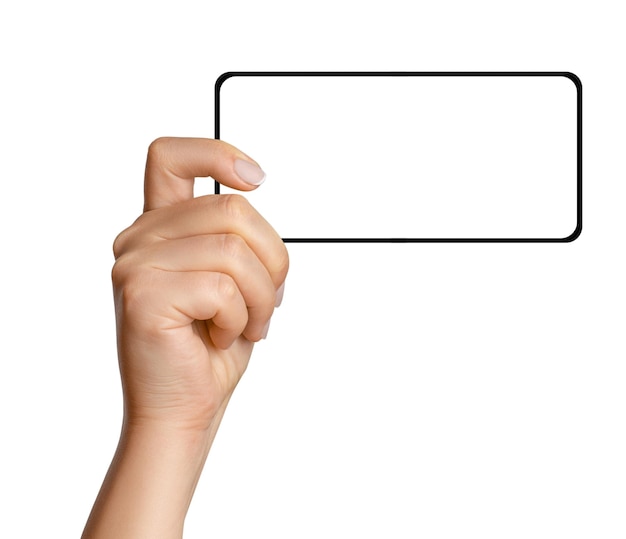 La mano de una mujer sostiene el teléfono horizontalmente sobre un fondo vacío
