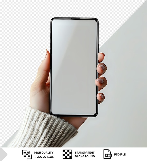 PSD la mano de la mujer transparente de fondo sosteniendo el teléfono inteligente negro con pantalla en blanco y diseño moderno sin marco en dos posiciones de perspectiva giradas