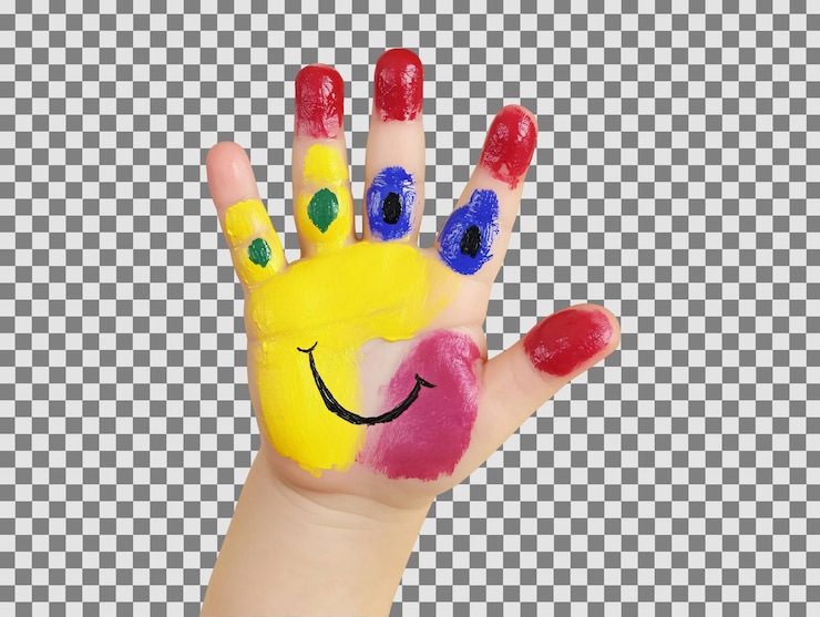 PSD una mano de un niño con pintura en ella