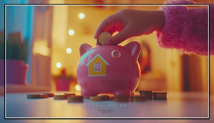 PSD una mano de un niño poniendo una moneda en una alcancía rosa con un diseño de casa en ella