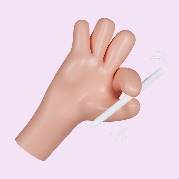 PSD la mano del personaje de dibujos animados 3d sostiene un bolígrafo digital icono de escritura o dibujo aislado en fondo rosa ilustración de renderización 3d camino de recorte