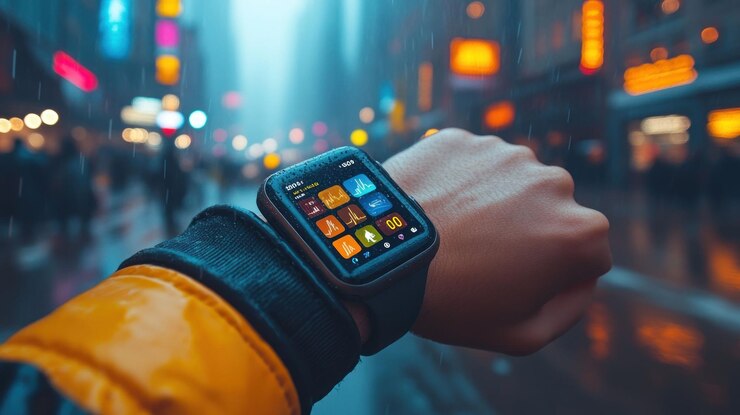 PSD una mano de personas que llevan un reloj inteligente con un fondo borroso de la ciudad en la lluvia