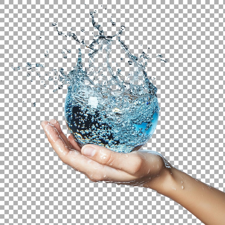 PSD mano de png sosteniendo salpicaduras de agua con globo terrestre contra un fondo transparente