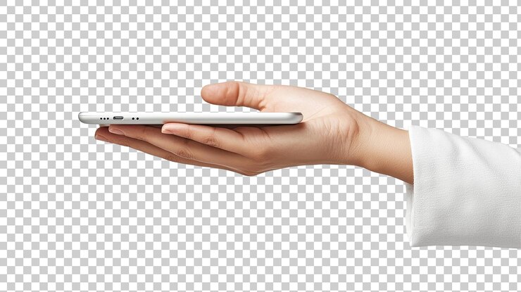 PSD la mano presenta una computadora portátil delgada aislada sobre un fondo transparente