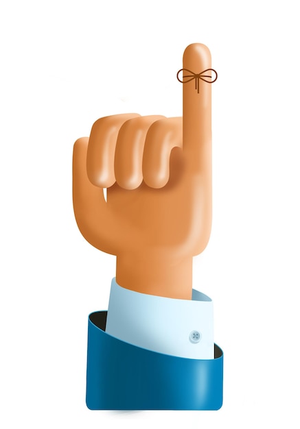 MANO PRESENTADA EN 3 D CON UN ICONO DE RECORDATORIO DE DEDO TWINKY ELEVADOICONO DE MANO CON UNA CUERDA ATADA AL DEDO PEQUEÑO