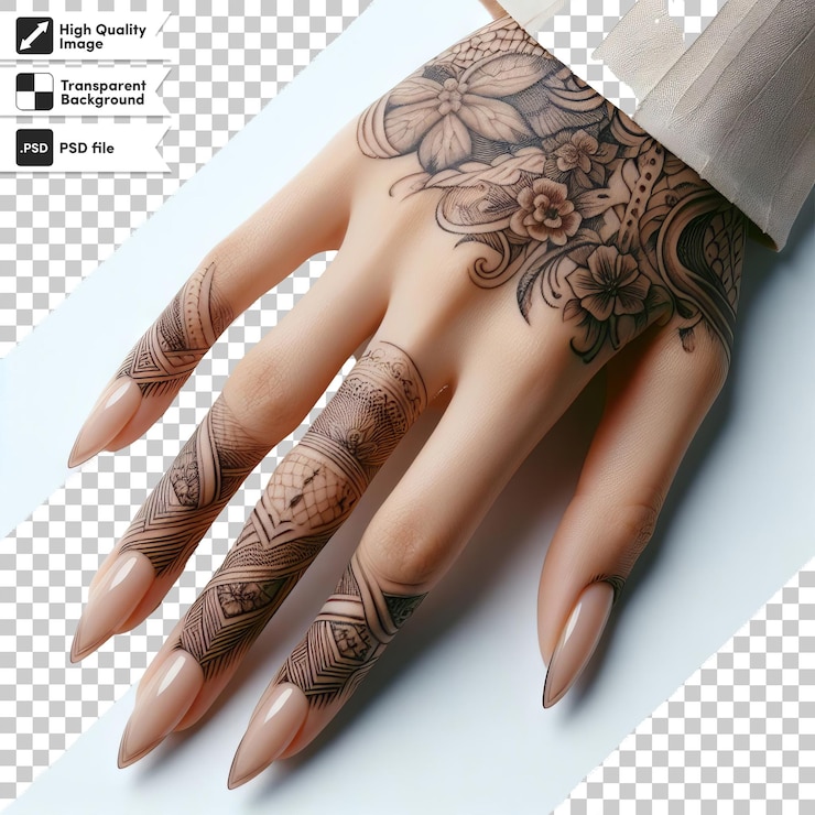 PSD mano de psd con pintura de henna en fondo transparente con capa de máscara editable