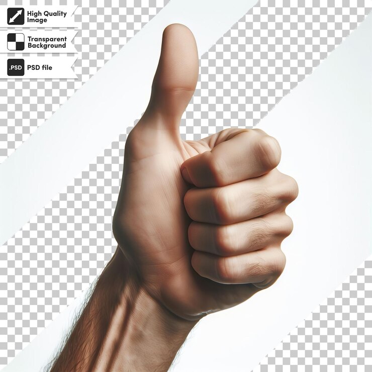 PSD mano psd con el pulgar hacia arriba en un fondo transparente con capa de máscara editable