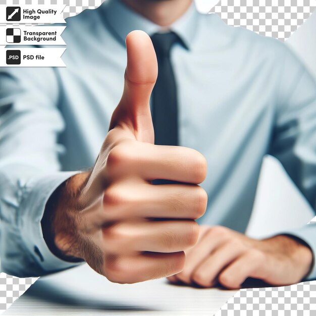Mano PSD con el pulgar hacia arriba en un fondo transparente con capa de máscara editable
