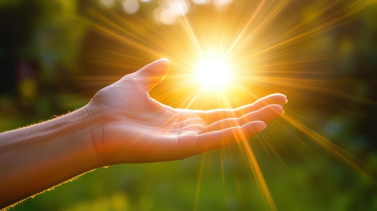 PSD la mano que alcanza la luz del sol es un símbolo de esperanza y calor