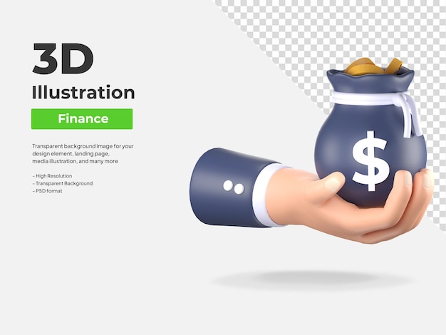 Mano que sostiene la bolsa de dinero financiero icono 3d ilustración