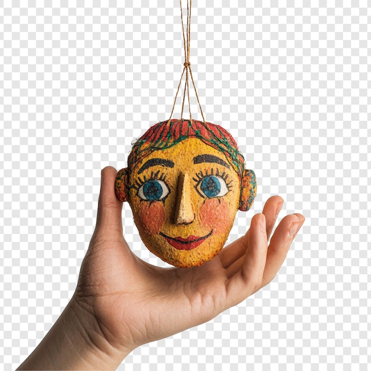 PSD la mano que sostiene una encantadora cabeza de marioneta hecha a mano