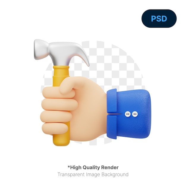 Mano que sostiene el icono 3D del martillo PSD Premium