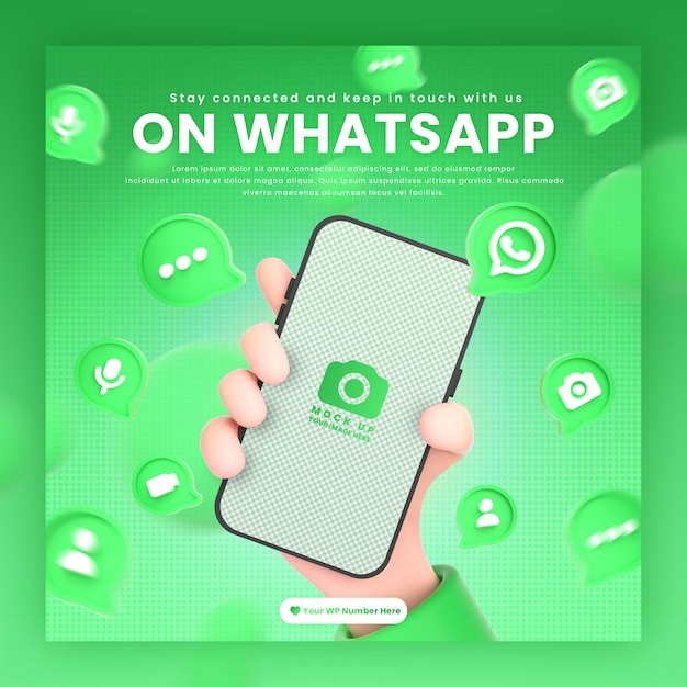 Mano que sostiene los iconos de whatsapp del teléfono alrededor de la maqueta de representación 3d para la plantilla de publicación de whatsapp de promoción