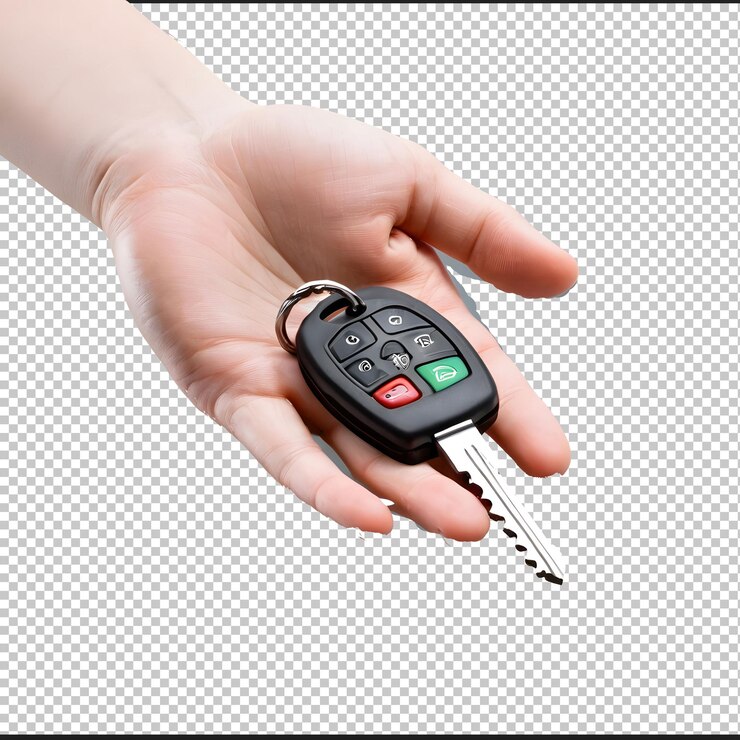 PSD la mano que sostiene la llave del coche aislada sobre un fondo transparente