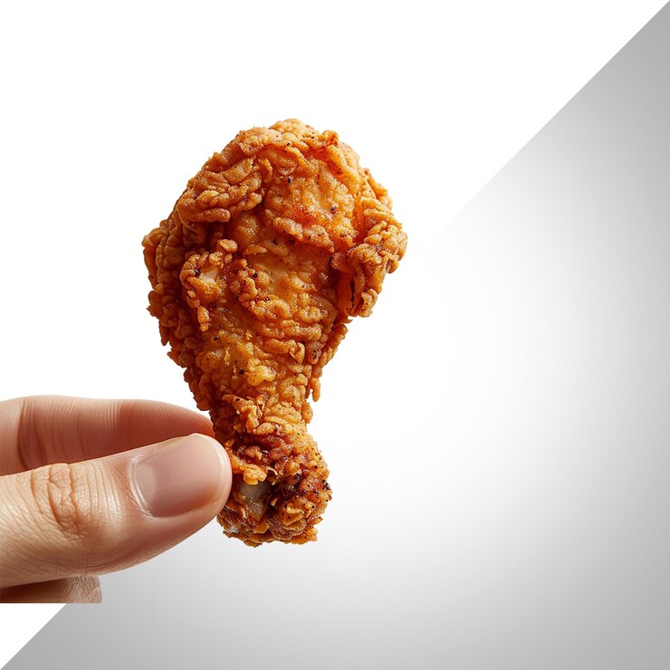 PSD una mano que sostiene un tambor de pollo frito aislado en un fondo transparente