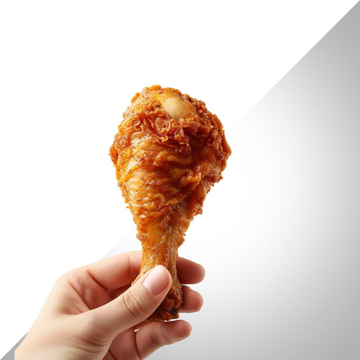 PSD una mano que sostiene un tambor de pollo frito aislado en un fondo transparente