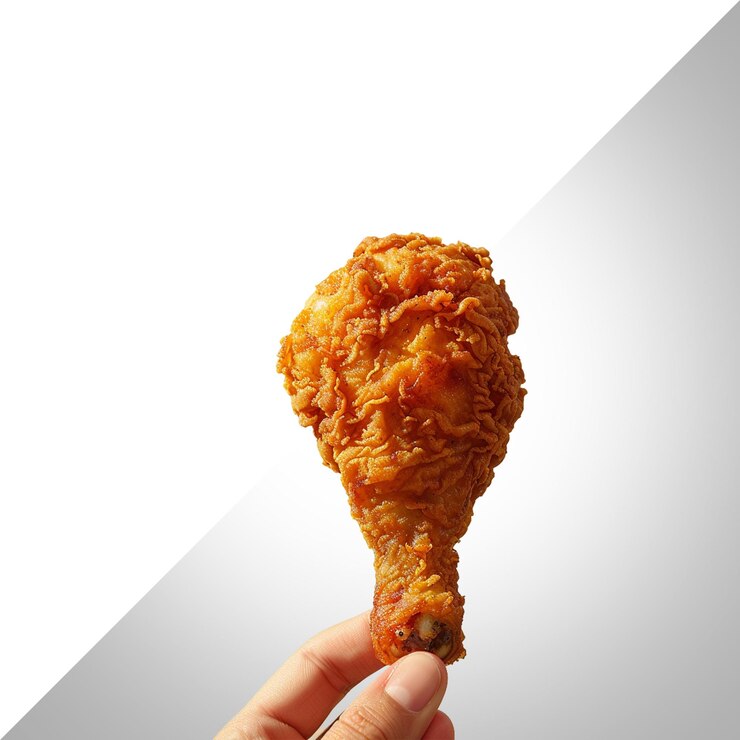 PSD una mano que sostiene un tambor de pollo frito aislado en un fondo transparente