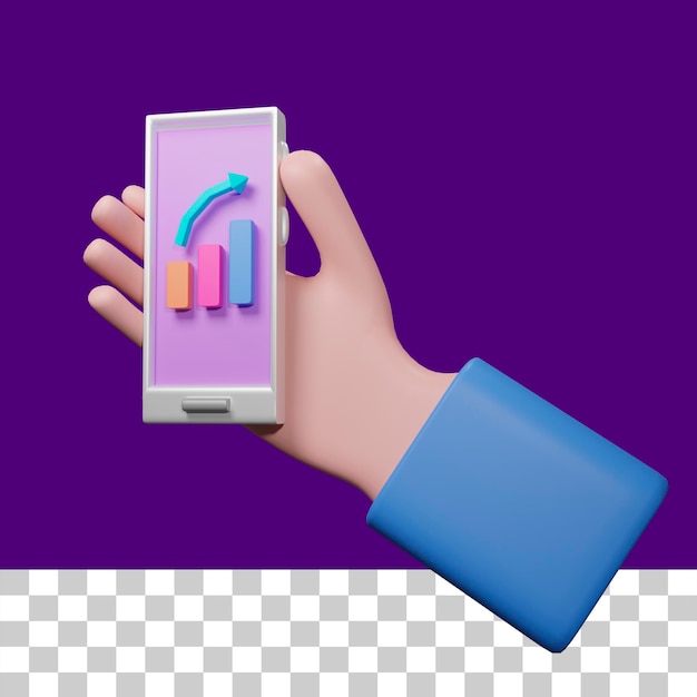 PSD mano que sostiene el teléfono celular que contiene la ilustración 3d de análisis