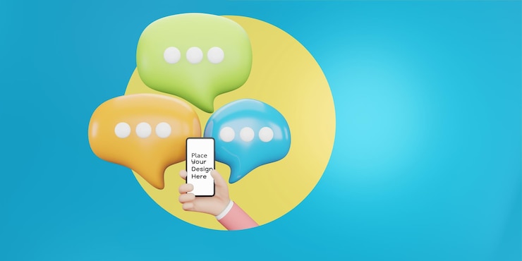 PSD mano que sostiene el teléfono inteligente con bocadillo. chatear en la aplicación, concepto de redes sociales. ilustración 3d