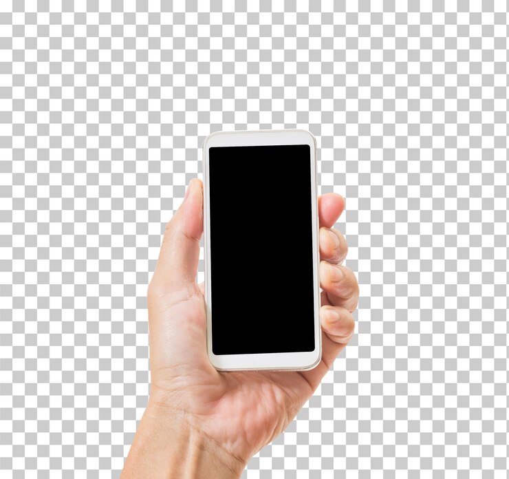 PSD mano que sostiene el teléfono móvil aislado