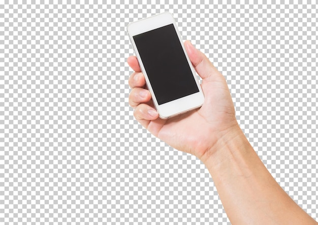 Mano que sostiene el teléfono móvil aislado