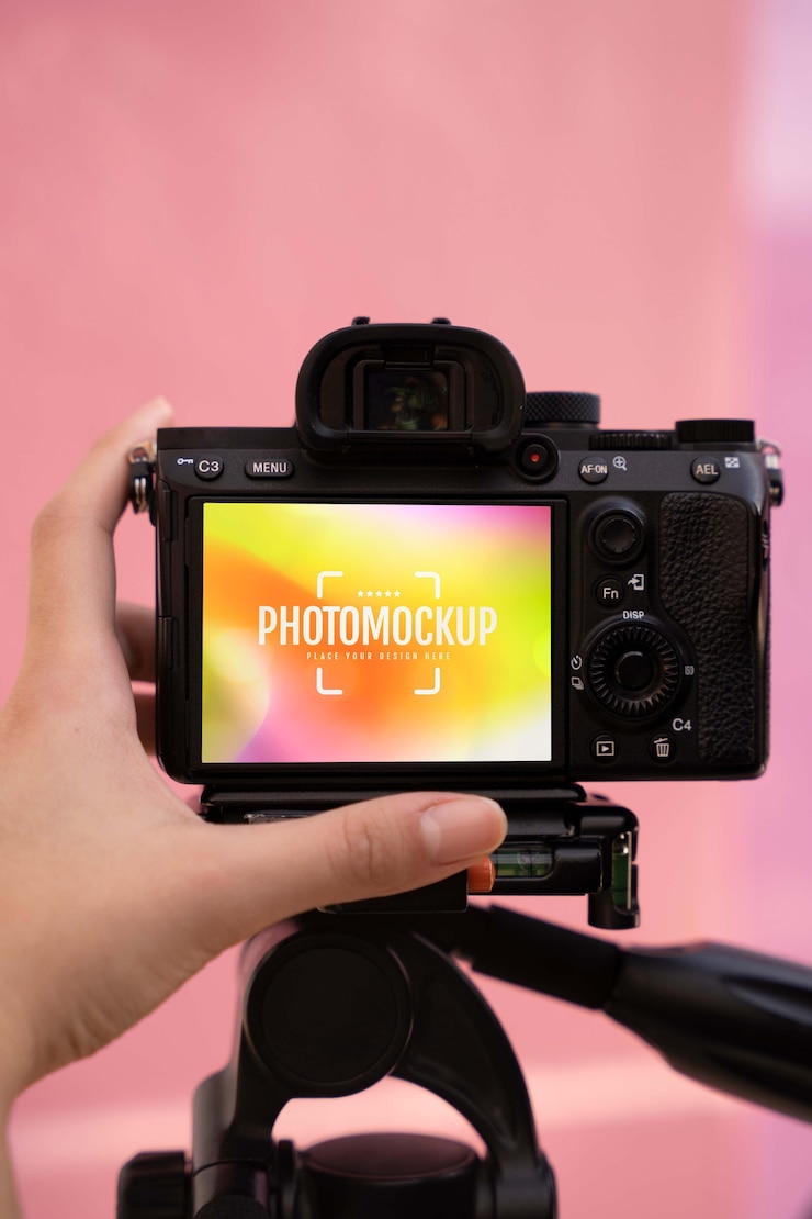 PSD mano que sujeta la cámara de fotos profesional