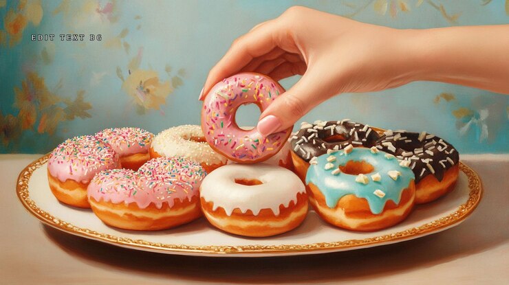 PSD una mano recoge una rosquilla de un plato de rosquillas variadas con varios glaseados y salpicaduras