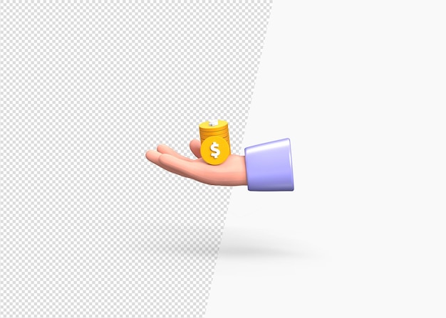Mano de renderizado 3D con concepto de dólar