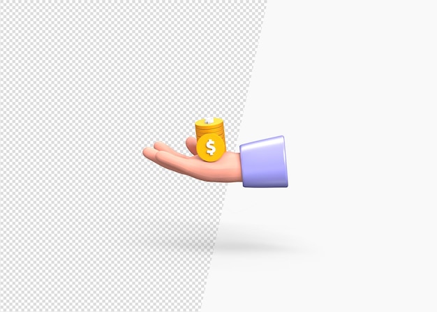 Mano de renderizado 3d con concepto de dólar