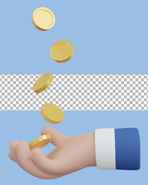 Mano de renderizado 3D y monedas que caen transparentes