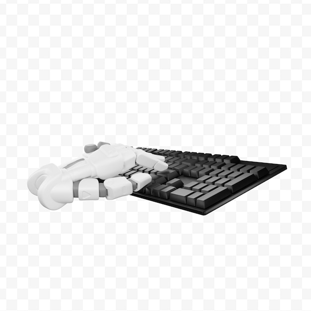 PSD mano de robot 3d escribiendo en el teclado inalámbrico aislado render 3d