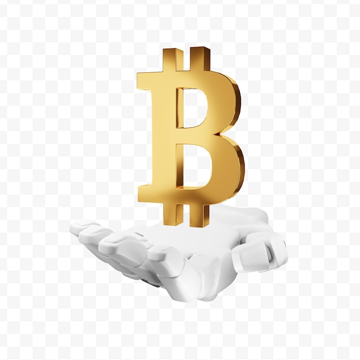 PSD mano de robot 3d sosteniendo un signo de bitcoin aislado render 3d