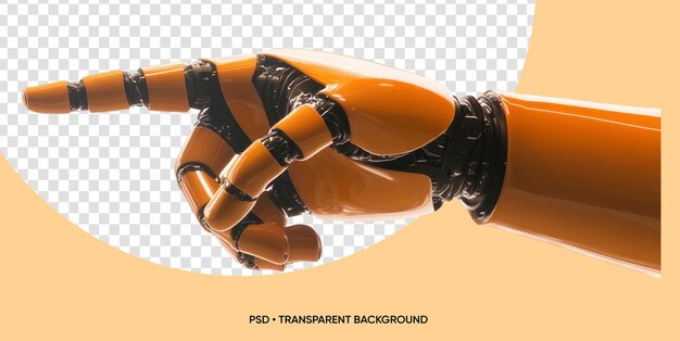 La mano del robot de IA naranja apunta con el dedo índice