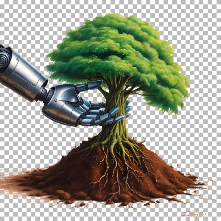 PSD mano de robot sosteniendo un árbol en el suelo ilustración 3d