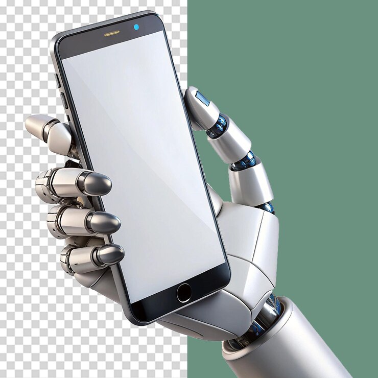 PSD mano de robot sosteniendo un teléfono con una pantalla en blanco aislada sobre un fondo transparente