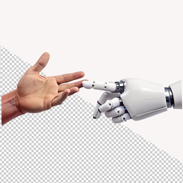 PSD la mano del robot toca la mano humana en un fondo transparente