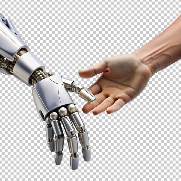 PSD la mano del robot toca la mano humana en un fondo transparente