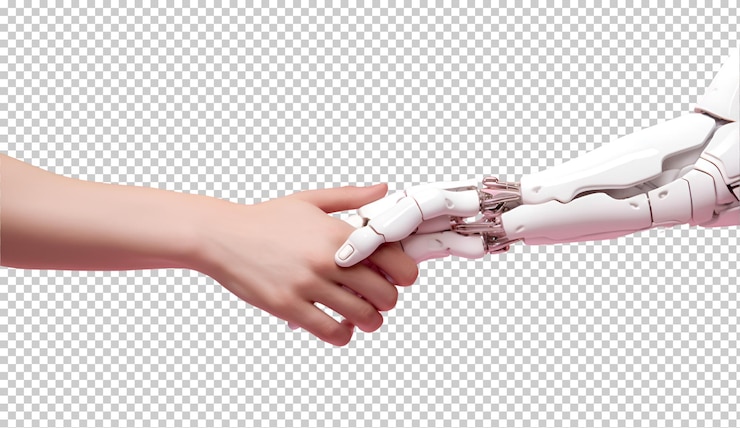 PSD mano robotica bianca che si protende per toccare una mano umana su sfondo trasparente isolato