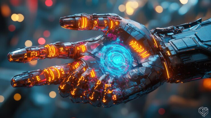 PSD una mano robótica futurista con circuitos brillantes y una luz azul