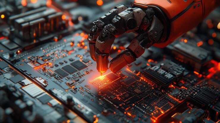 PSD una mano robótica inserta un microchip en una placa de circuitos