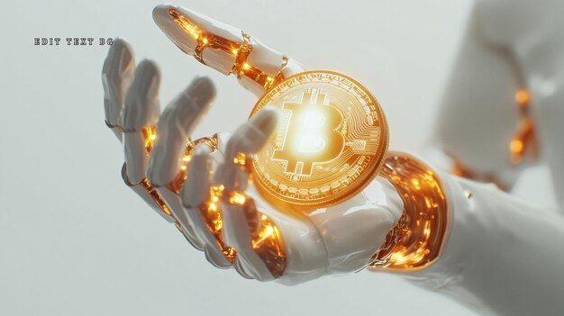 Una mano robótica sosteniendo Bitcoin brillante