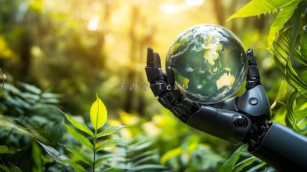 Mano robótica sosteniendo la Tierra en un bosque exuberante