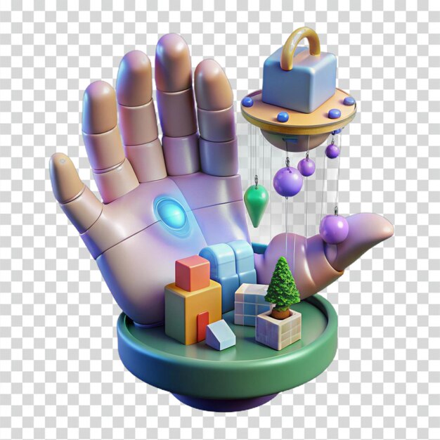 Una mano robótica sostiene un mundo en miniatura