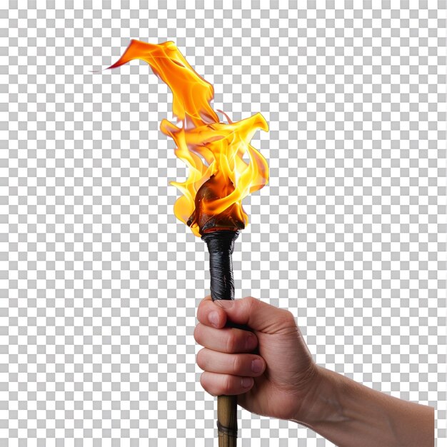 Mano sosteniendo una antorcha de fuego sobre un fondo transparente