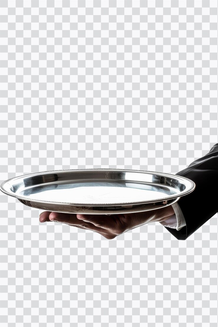 PSD una mano sosteniendo una bandeja de plata ideal para restaurantes o contextos de catering que muestran hospitalidad y elegancia