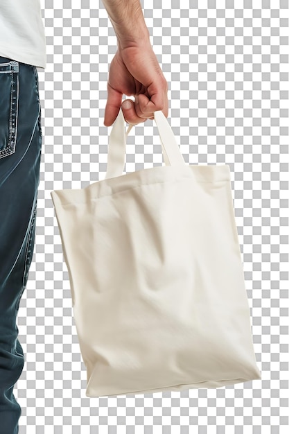 Mano sosteniendo una bolsa aislada contra un fondo transparente
