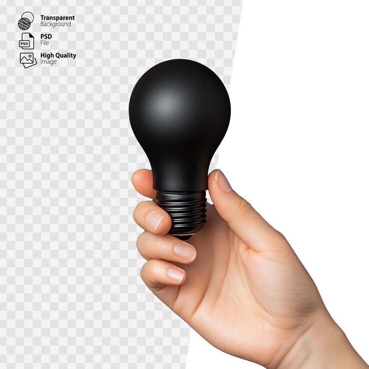 PSD mano sosteniendo una bombilla negra no encendida que simboliza ideas potenciales o creatividad no utilizada sobre un fondo transparente