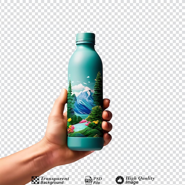 PSD mano sosteniendo una botella de agua termo reutilizable con la naturaleza en el concepto al aire libre objeto en color plano aislado